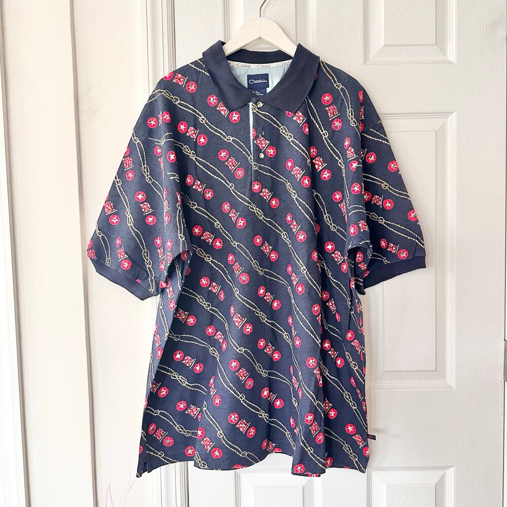 Catalina NWT Vintage Navy Blue Red Nautical Rope Flag Short Sleeve Polo 2XL